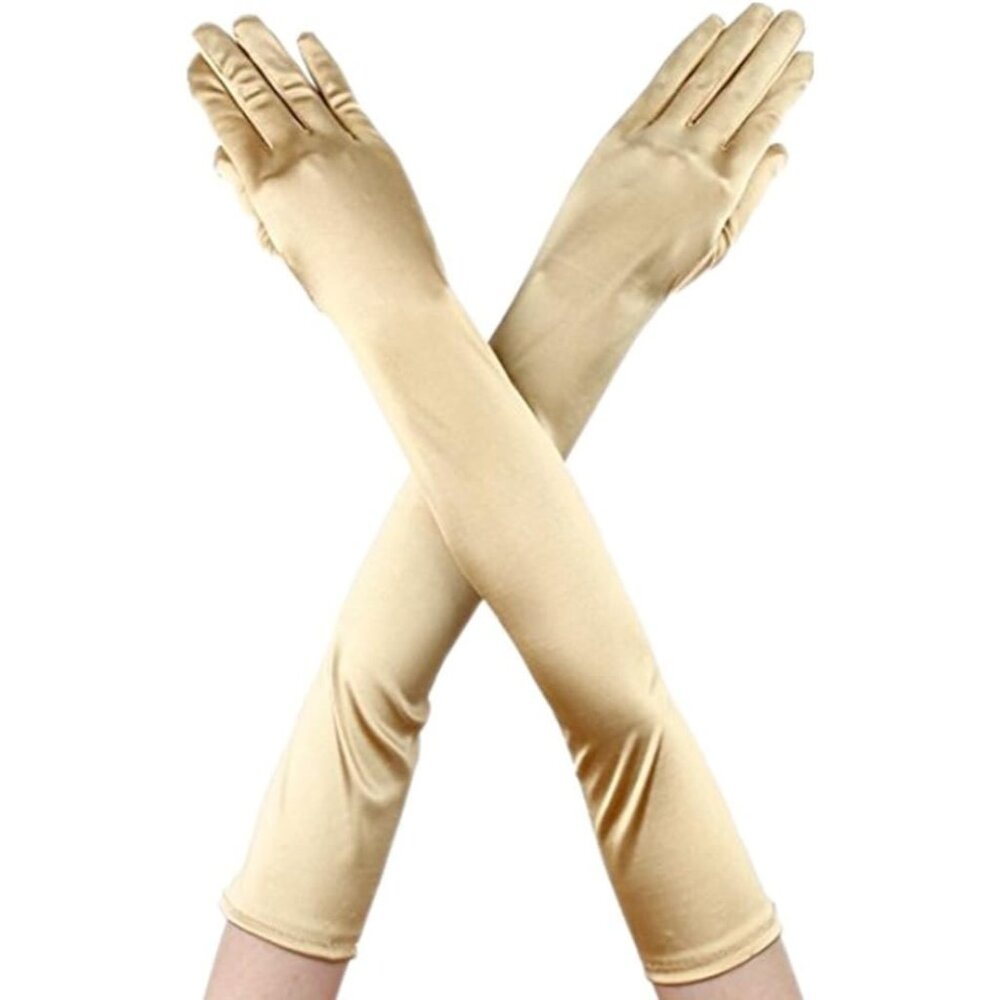 Women's Champagne Finger Mittens Elbow Spandex Satin Long Sleek Evening Gloves